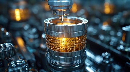 Close-up of automated industrial machinery assembling metallic components