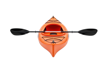 A top-down view of an orange kayak with a paddle positioned across it