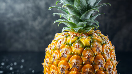 Fresh ripe pineapple with water droplets on dark background