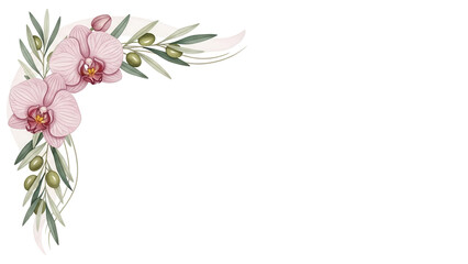 Minimal elegant watercolor corner design with orchids and olive branches in dusty rose isolated on white background