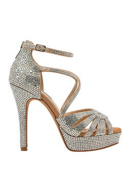 Sparkling high heels, a symbol of luxury and elegance. The shoe features a dazzling array of embellishments, a high stiletto heel, and an elegant strap