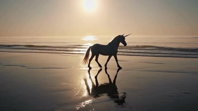 Magical unicorn walking on beach at sunset reflection