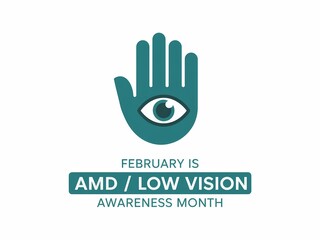 Teal hand with eye logo for amd low vision awareness month in february on white background