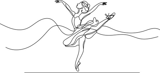 Elegant one line art ballerina in motion. Minimal black and white illustration for dance, art prints, logos, and modern designs. © IsaStock