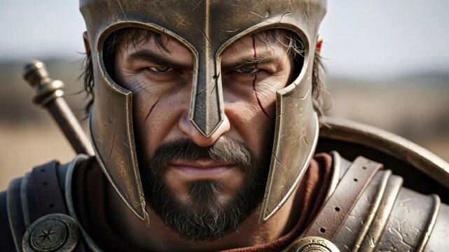 A male warrior in ancient armor and helmet, with battle scars on his face, looking serious and determined
