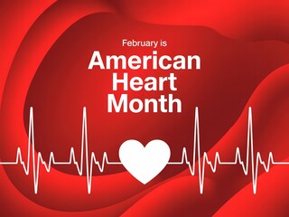 American heart month awareness graphic with heart and ecg line on red background