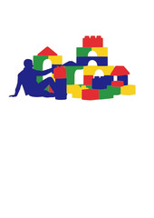 Kidult Play Silhouette of Adult with Building Blocks for Mental Health Stress Relief and Creative Playfulness Wellness Concept Vector