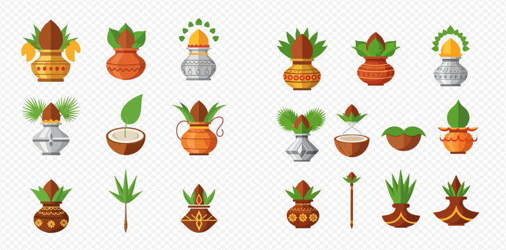 Set of Kalash pots and coconuts for Hindu rituals and festivals on transparent background.