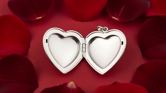 heart shaped locket on a romantic background with rose petals