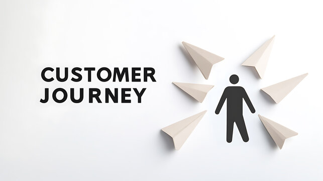 A visual illustrating the customer journey, featuring a person icon surrounded by paper airplanes against a clean, white background, emphasizing navigation and direction. - Powered by Adobe
