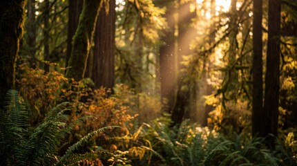 Sunlight streaming through a dense forest, creating a magical atmosphere. The trees and foliage are lush and green, with the sun's rays illuminating the scene