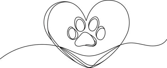 Minimalist one line drawing of a dog paw print inside a heart, continuous line art pet lover symbol for logo tattoo or modern animal branding EPS © IsaStock