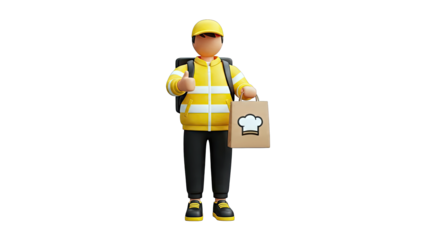 3D Food Delivery Person with Thumbs Up and Bag