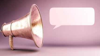 megaphone. Vintage brass megaphone with a speech bubble against a soft pastel background, evoking retro communication themes. event programs.