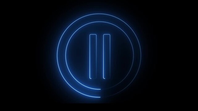 Glowing light neon blue color media player pause icon animation sign symbol on black background. 4k animation video..