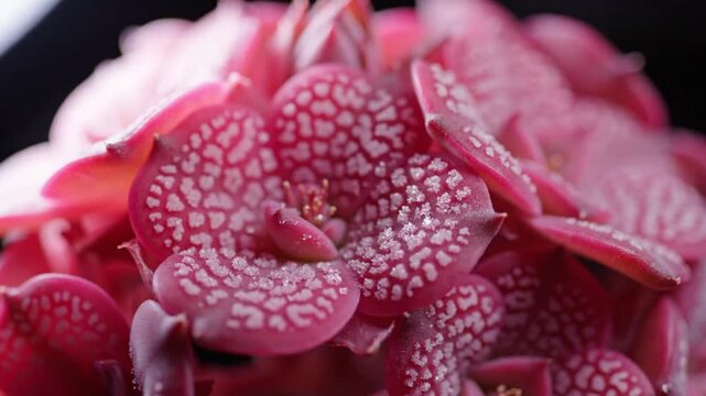 Closeup reveals pink succulent leaves speckled with white dots creating a unique textured pattern
