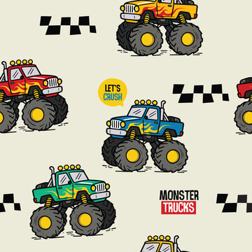 Colorful Hand-Drawn Monster Trucks Seamless Background