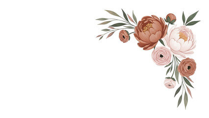 Minimal hand painted floral corner element featuring peonies and ranunculus in muted terracotta isolated on white background