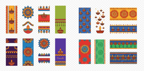 Set of colorful traditional Indian Diwali design elements, borders, and patterns with oil lamps and mandalas.