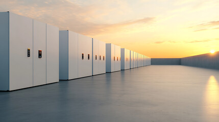 A long row of white server racks stretches to the horizon under a warm sunset. The setting sun casts a beautiful orange glow across the scene, highlighting the geometric lines.