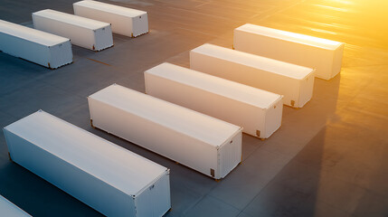 A high-angle shot displays a lineup of pristine white trailers, set against a sunlit gray concrete expanse. The uniformity of the trailers creates a clean, organized scene.