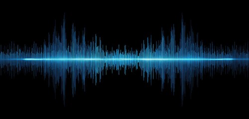 A vibrant blue audio wave visualized against a stark black background, representing sound intensity