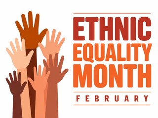 Fototapeta premium Ethnic equality month february with raised hands of different skin tones
