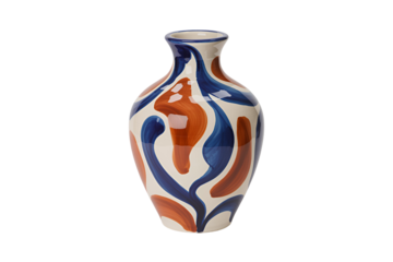 Abstract ceramic vase with blue and orange swirls isolated on transparent background
