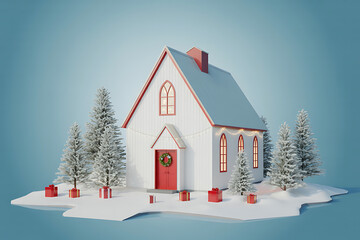 Cozy winter church in snowy landscape