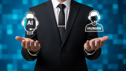 Businessman presents a comparison of artificial intelligence support icons versus traditional human customer service representatives for making a choice.