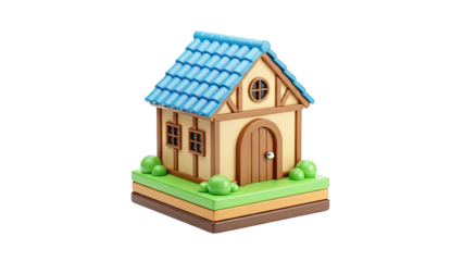 Cartoon House Model with Blue Roof and Green Bushes