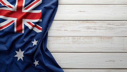 The Australian flag draped over a rustic white wooden background with a sense of national pride