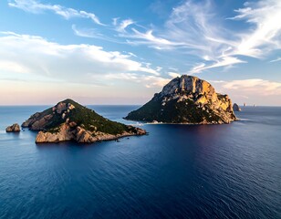 Two isles sit calm in blue sea under white striped sky, one rocky, one lush