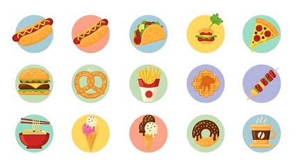 Fototapeta premium Colorful Food Icons Set on White Background.