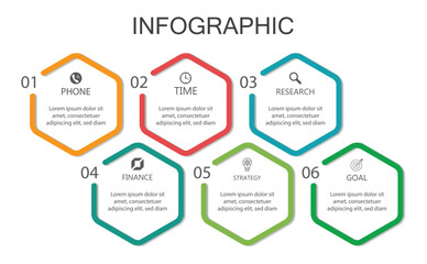 Modern infographic template design with 6 steps. Business hexagon template with options for diagram, Vector illustration.