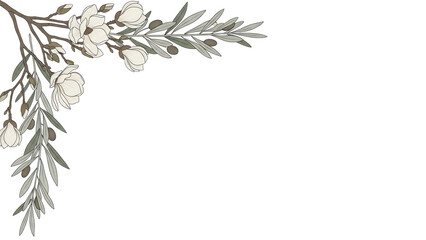 Minimal luxury botanical corner border featuring magnolia and olive branches in neutral earth tones isolated on white background