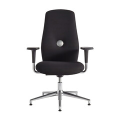 Fototapeta premium Modern black office chair with high back adjustable armrests and polished chrome five-star base, isolated on transparent background