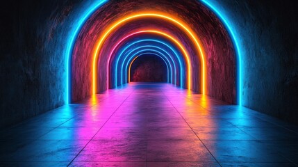 Rendered tunnel with neon arches in vibrant blue, pink, and orange hues, concrete walls