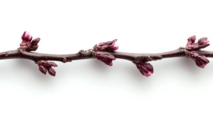 Spring cherry tree branch with burgundy buds blooming on white background. Natural botanical element isolated for seasonal design projects.