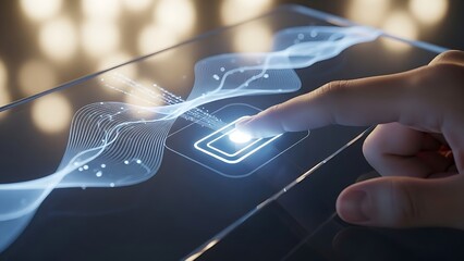 finger interacting with futuristic data interface and holographic network display