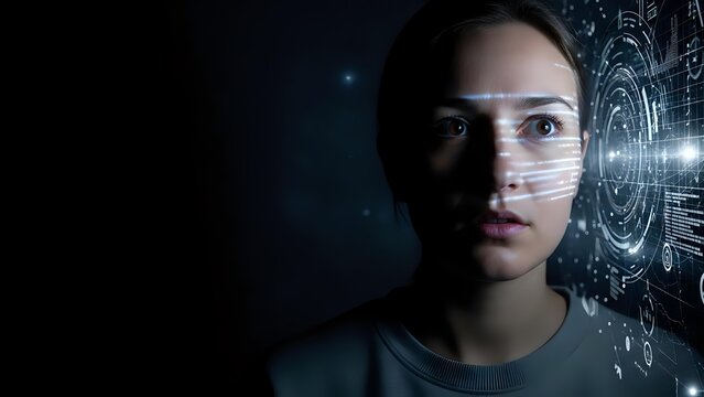 Young woman with futuristic holographic interface projection displaying digital data and technology elements in dark sci-fi environment. - Powered by Adobe