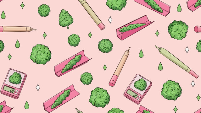 Cannabis rolling papers marijuana buds and scales seamless pattern background