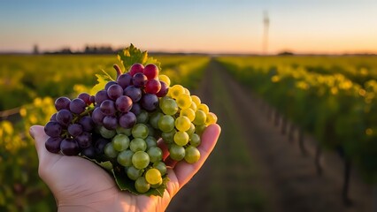 Hand holding fresh grape clusters in vineyard at golden hour sunset with rows of grapevines stretching into distance creating agricultural landscape scene.