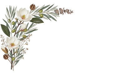 Minimal luxury botanical corner border featuring magnolia and olive branches in neutral earth tones isolated on white background