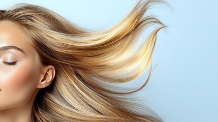Young blonde woman with flowing hair in motion against light blue background. Hair care and beauty concept for salon advertising and cosmetic products.