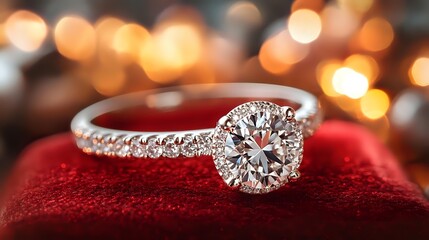 Sparkling diamond engagement ring with halo setting on red velvet box against warm bokeh lights background for romantic proposal and wedding jewelry.