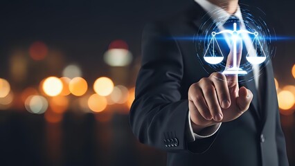 Professional businessman touching digital justice scales hologram interface representing legal technology and law firm innovation solutions.