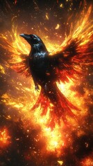 Obraz premium Majestic raven soaring through flames in a mystical fiery landscape