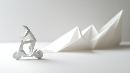 Naklejka premium Minimalist origami artwork featuring a rider on a two-wheeled vehicle and a folded paper structure, all in pristine white against a bright, neutral backdrop.