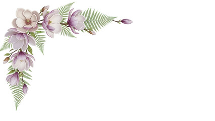 Minimal luxury floral corner border with magnolia and fern in lavender and beige isolated on white background